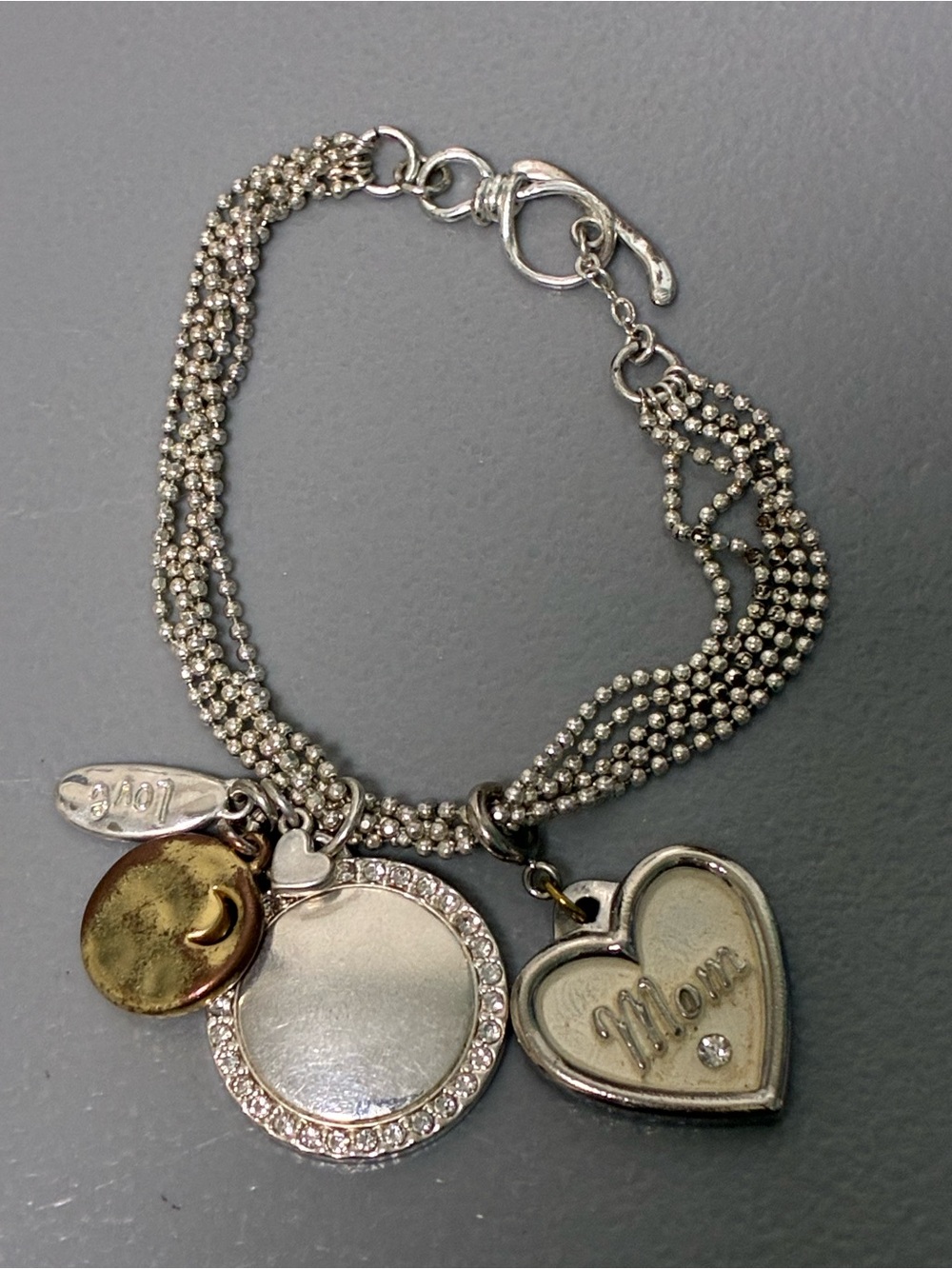 Silver Tone Multi-Charm Heart Bracelet with 'Mom' Charm